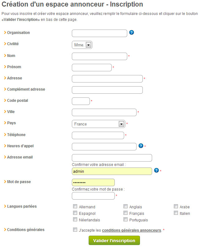 Formulaire inscription. Ouverture d'un compte annonceur sur Coin privé